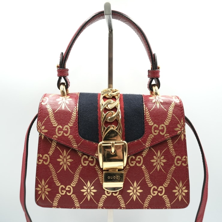 GUCCI(グッチ)シルヴィ 2WAYハンドバッグ ヴィンテージ ショルダーバッグ レッド レザー GGプリント ゴールド金具 レディース 470270【中古】