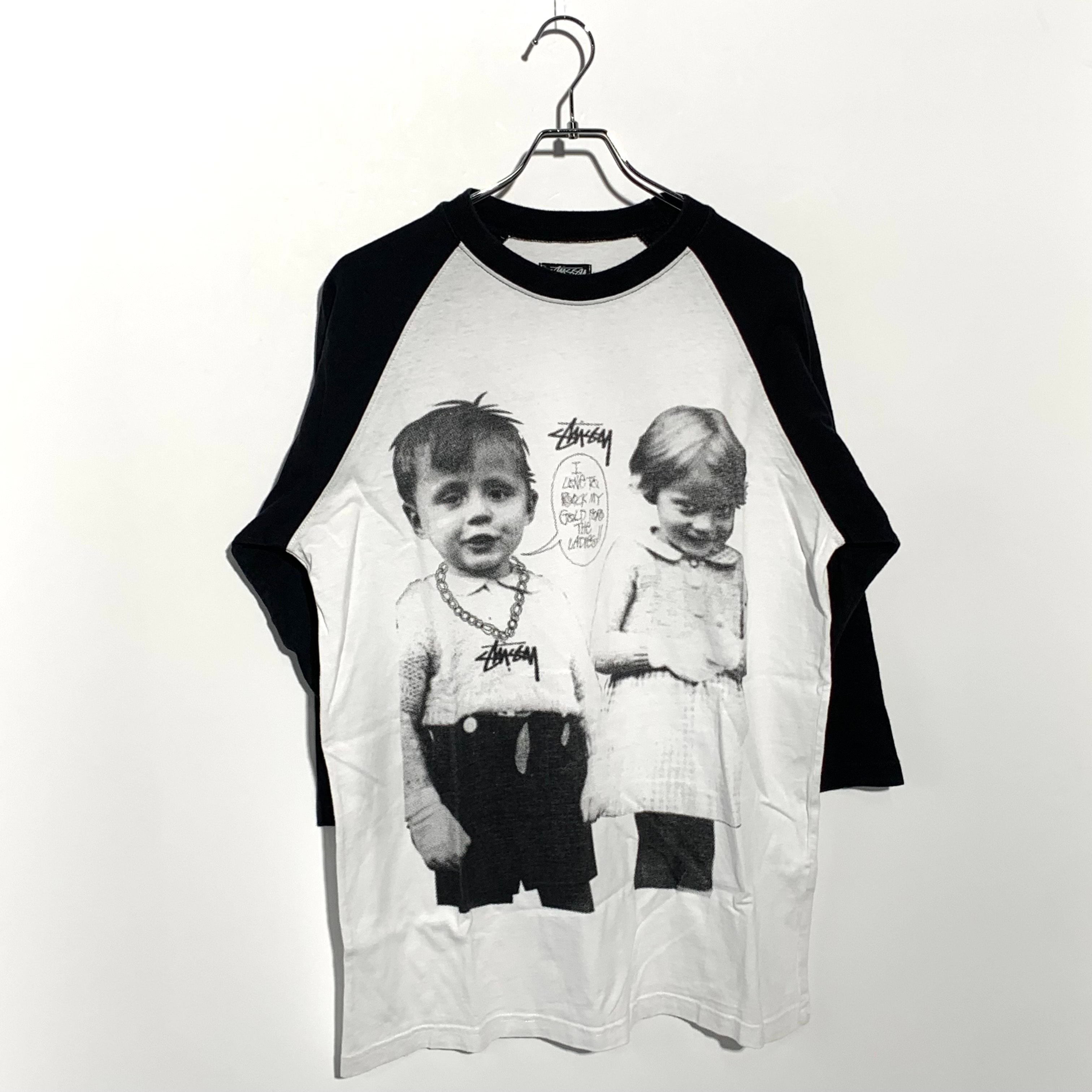 STUSSY authentic child print raglan 3/4 Tee White×Black