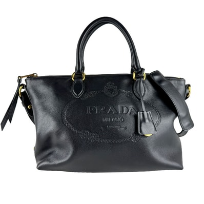 プラダ PRADA ハンドバッグ ショルダーバッグ レザー ブラック ゴールド レディース【中古】 z9731