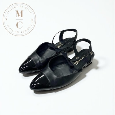 シャネル CHANEL パンプス 靴 シューズ レザー ブラック ココマーク リボン ストラップ フラットパンプス