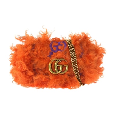 美品 GUCCI グッチ GGマーモント オレンジ ゴールド金具 ファー レザー/ ショルダーバッグ ポシェット 601141 【中古】