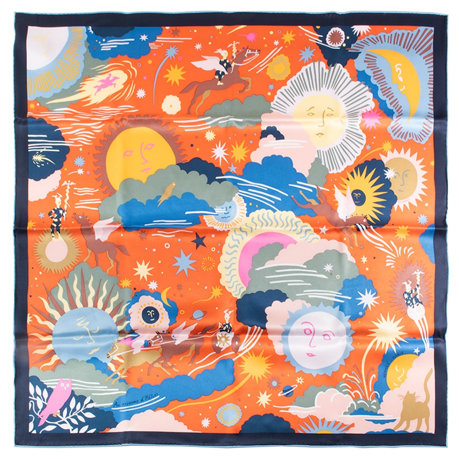 HERMES エルメス スカーフ カレ70 Au Royaume d'Helios エリオスの王国 984028S 05 2023AW シルク オレンジ マルチカラー【中古】