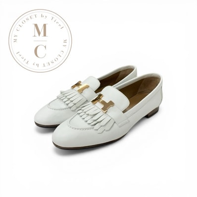 エルメス HERMES ロワイヤル ローファー 革靴 靴 シューズ レザー ホワイト 白 ピンクゴールド H金具 フリンジ モカシン フラットシューズ