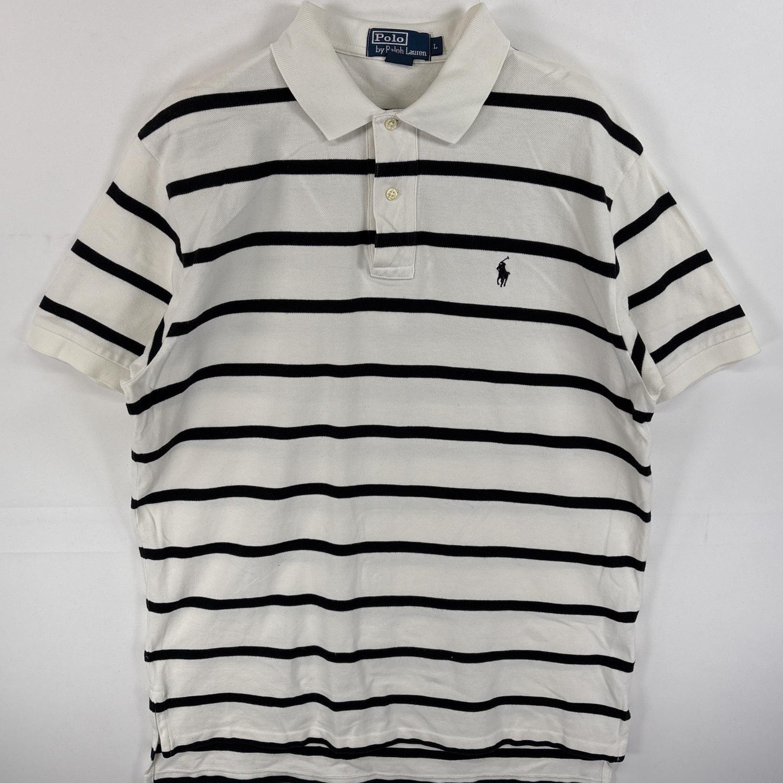 古着 90's/90年代 ポロバイラルフローレン Polo by Ralph Lauren ポロシャツ ワンポイント ロゴ 刺繍 2ボタン スリット L  ホワイト ボーダー メンズ