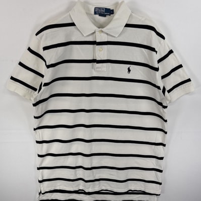 古着 90's/90年代 ポロバイラルフローレン Polo by Ralph Lauren ポロシャツ ワンポイント ロゴ 刺繍 2ボタン スリット L ホワイト ボーダー メンズ