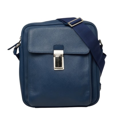 プラダ 三角ロゴプレート 斜め掛け ショルダーバッグ ネイビー サフィアーノレザー レディース PRADA 【中古】