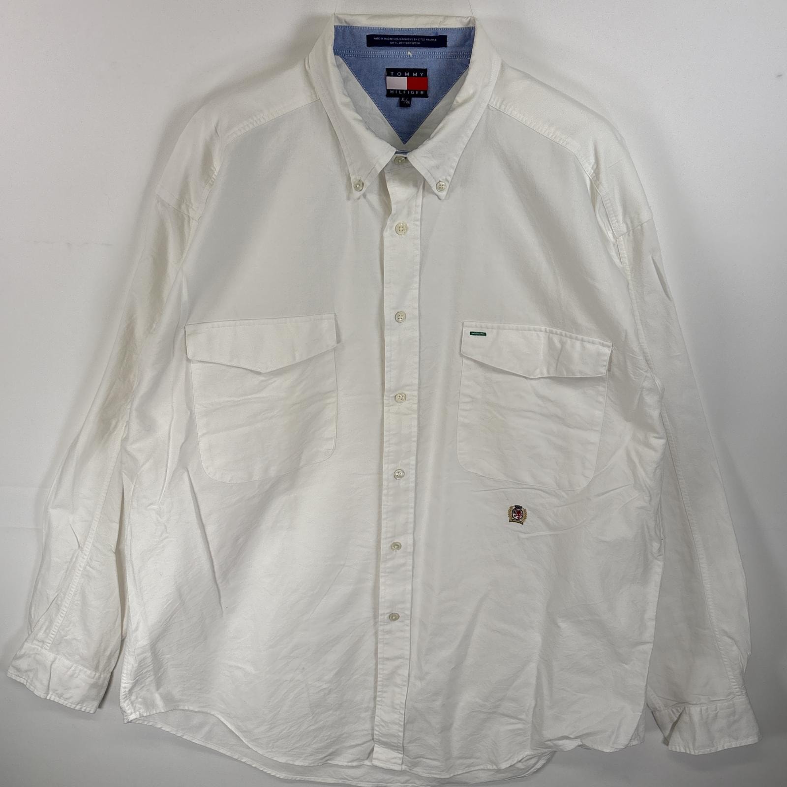 古着 90's/90年代 トミーヒルフィガー TOMMY HILFIGER 長袖シャツ ワンポイント ロゴ 刺繍 フラップポケ 厚手 XL ホワイト 無地 メンズ