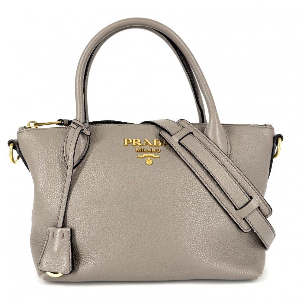 PRADA プラダ 2WAY 肩掛け 斜め掛け ショルダーバッグ ハンドバッグ トライアングルロゴ 1BA111 レザー    グレージュ ゴールド金具 レディース【中古品】