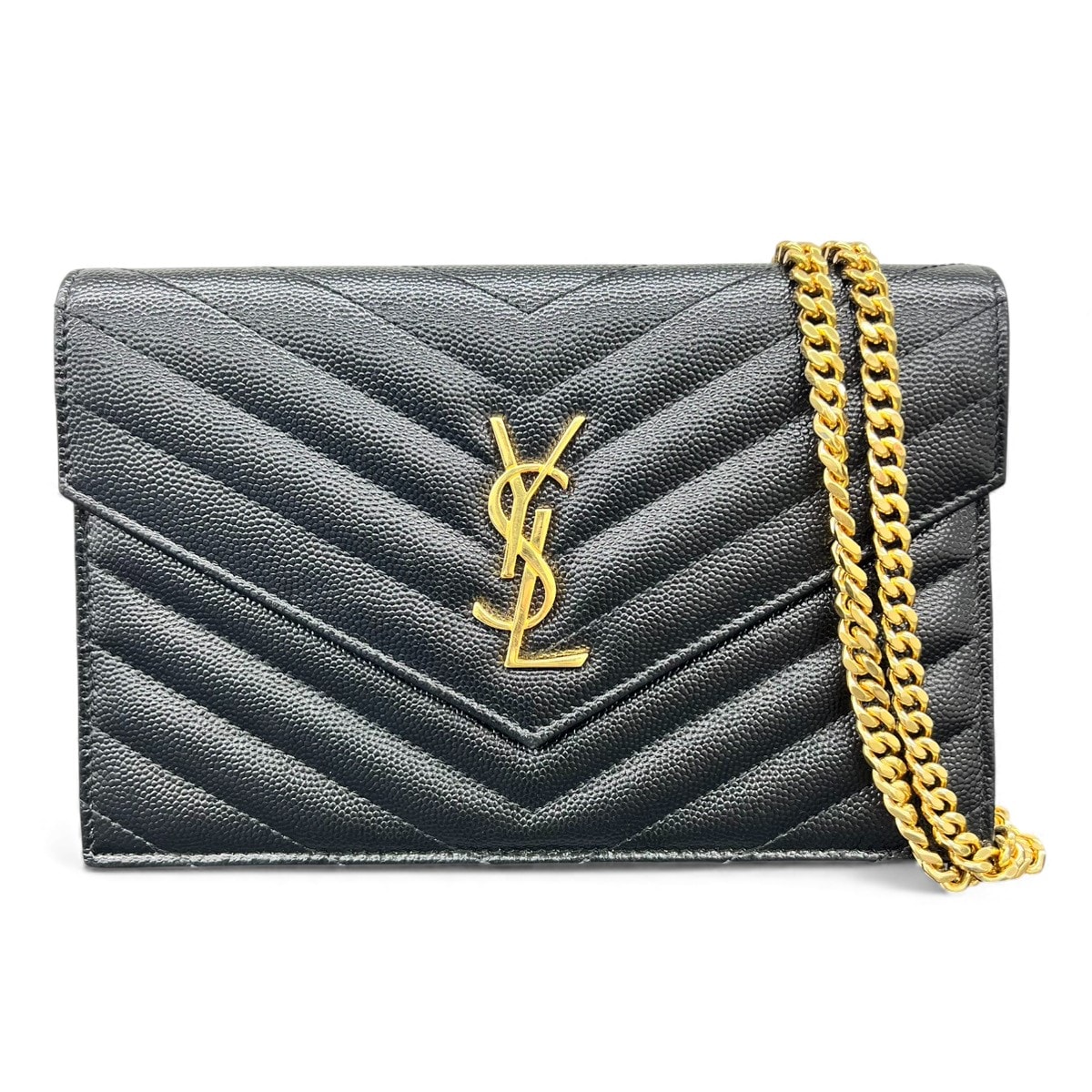 サンローラン エンベロープ チェーン ウォレット (グレインドプードルエンボスレザー) "ブラック" 393953BOW011000