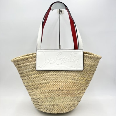Christian Louboutin(クリスチャンルブタン)ロゴ エンボス かごバッグ トートバッグ ストローバッグ ホワイト レッド レディース【中古】