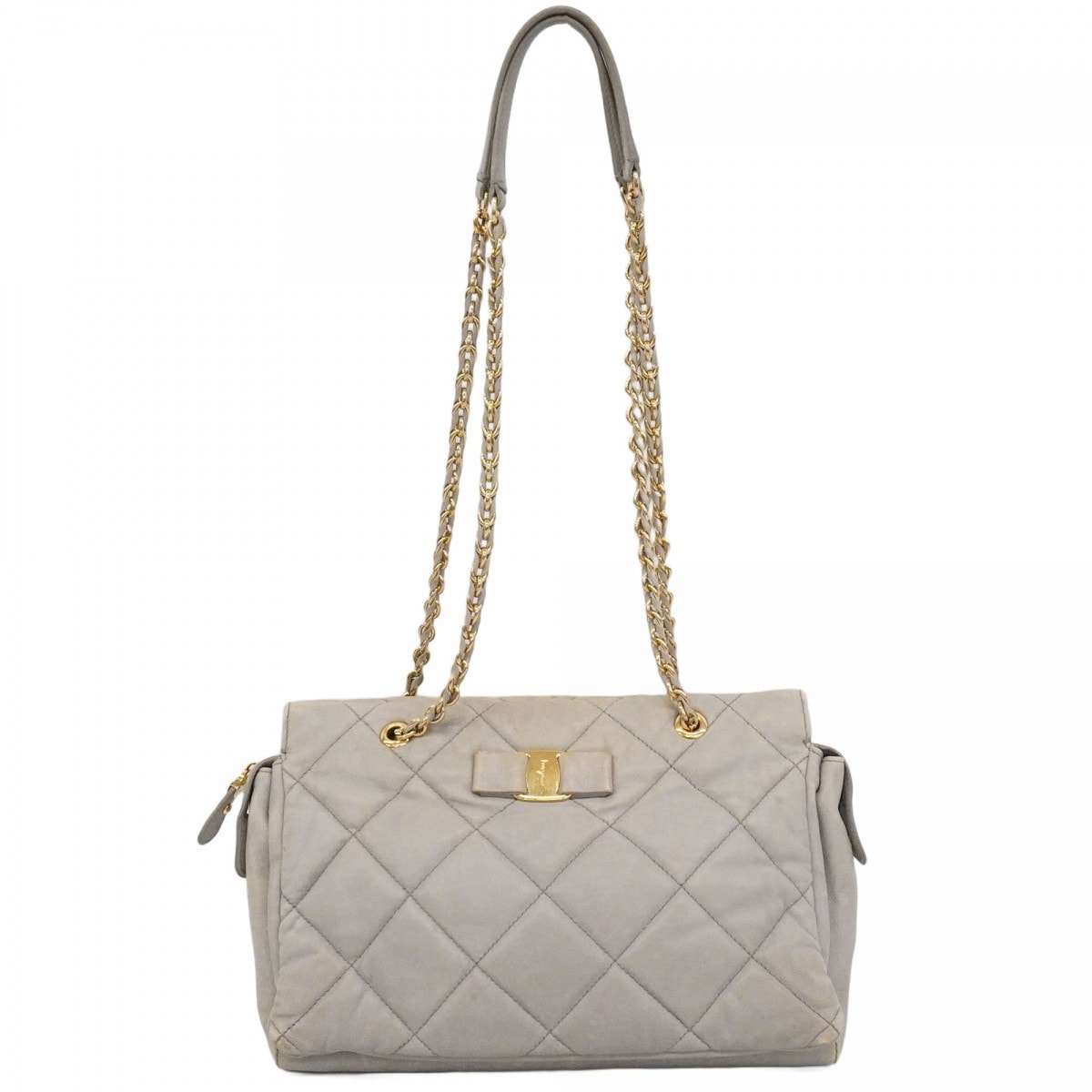 【6ce6049】サルヴァトーレフェラガモ ショルダーバッグ ヴァラ レザー グレー ゴールド金具【中古】レディース