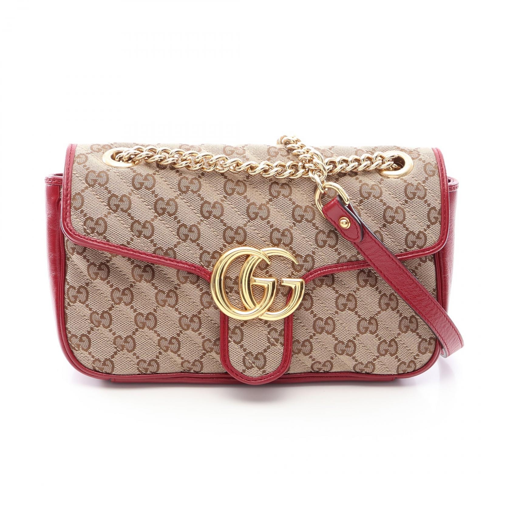 グッチ GUCCI GGマーモント キルティング スモール GGキャンバス ショルダーバッグ バッグ キャンバス レザー レディース ベージュ系 / レッド系 443497 【中古】