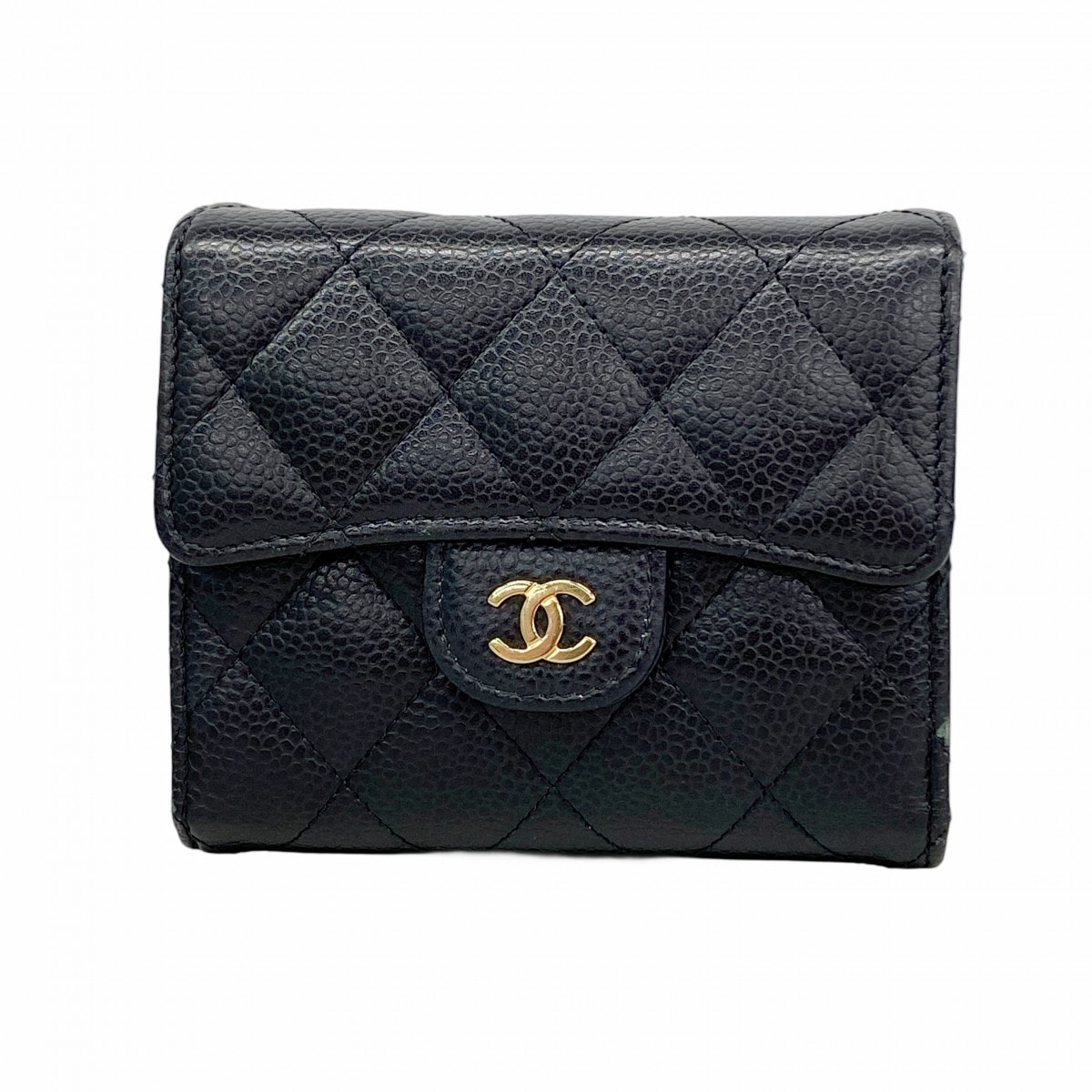 【6dd5494】シャネル 三つ折り財布 マトラッセ キャビアスキン ブラック ゴールド金具【中古】レディース