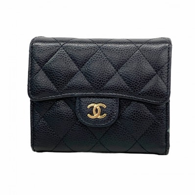 【6dd5494】シャネル 三つ折り財布 マトラッセ キャビアスキン ブラック ゴールド金具【中古】レディース