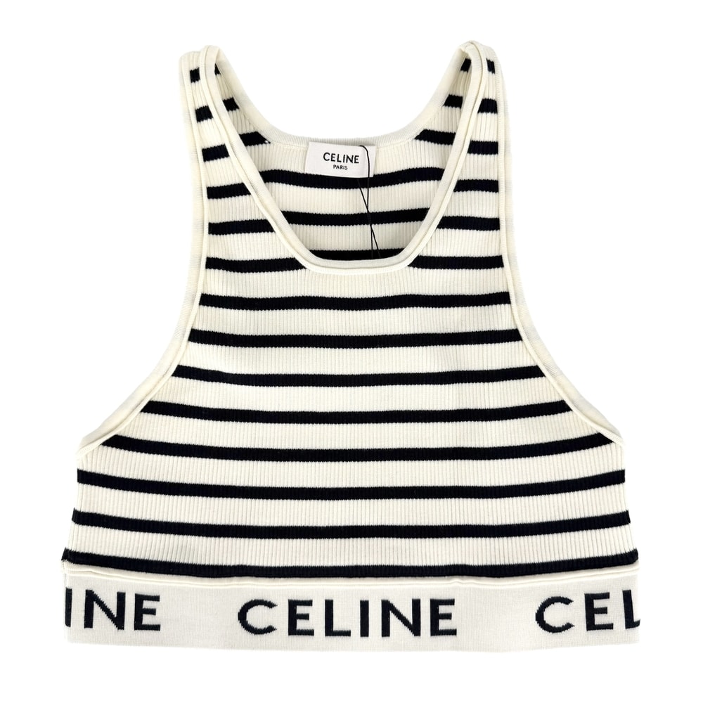 CELINE セリーヌ タンクトップ ロゴ ボーダー トップス ノースリーブ アパレル 服 M アイボリー ブラック 黒 コットン ナイロン ポリウレタン レディース 美品【中古品】