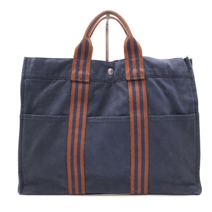 HERMES(エルメス)フールトゥMM ヴィンテージ トートバッグ ネイビー キャンバス ストライプ ハンドバッグ ユニセックス【中古】