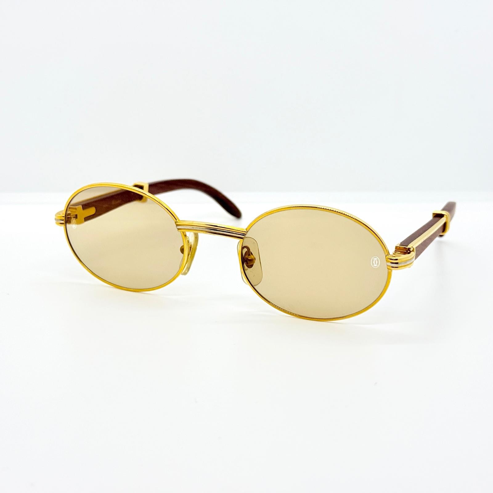 CARTIER カルティエ ウッドテンプル サングラス 53□22 GP×ウッド ブラウン×ゴールド 度入りレンズ トリニティ ユニセックス サングラス