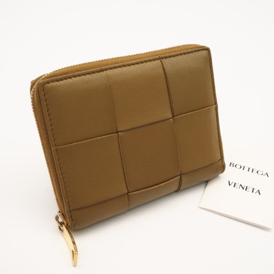 美品 BOTTEGAVENETA ボッテガヴェネタ カセット 二つ折りファスナーウォレット 750252 二つ折り財布 ブラウン ラムスキン レディース
