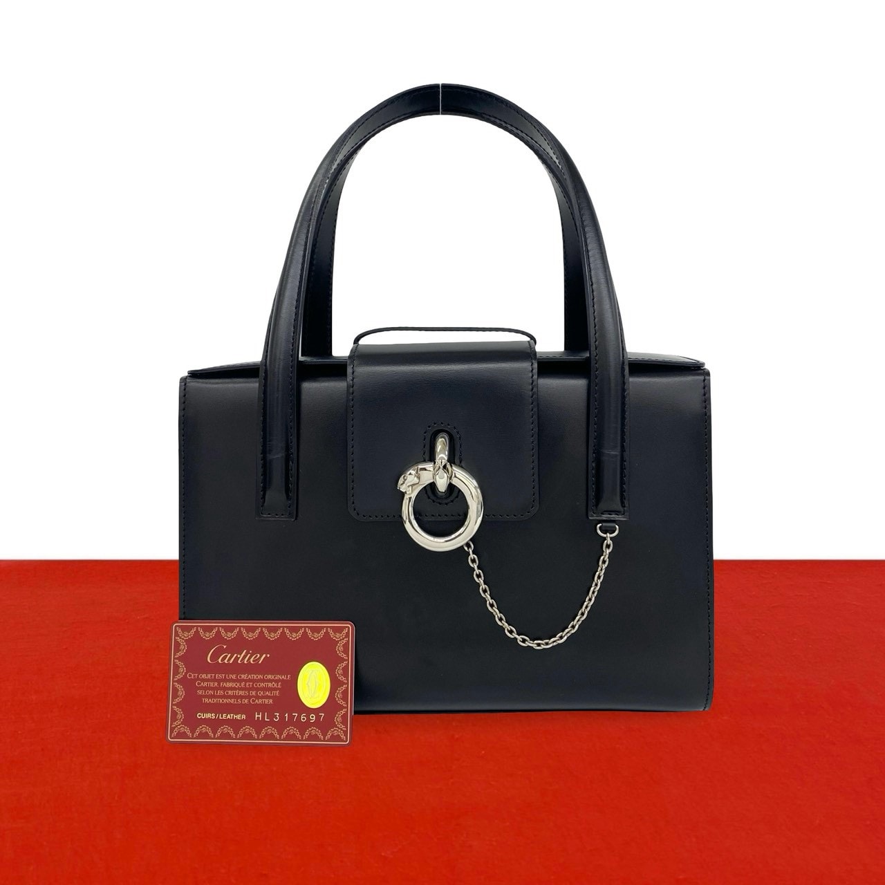 CARTIER カルティエ パンテール パンサー 金具 カーフ ハンドバッグ ブラック
 52938