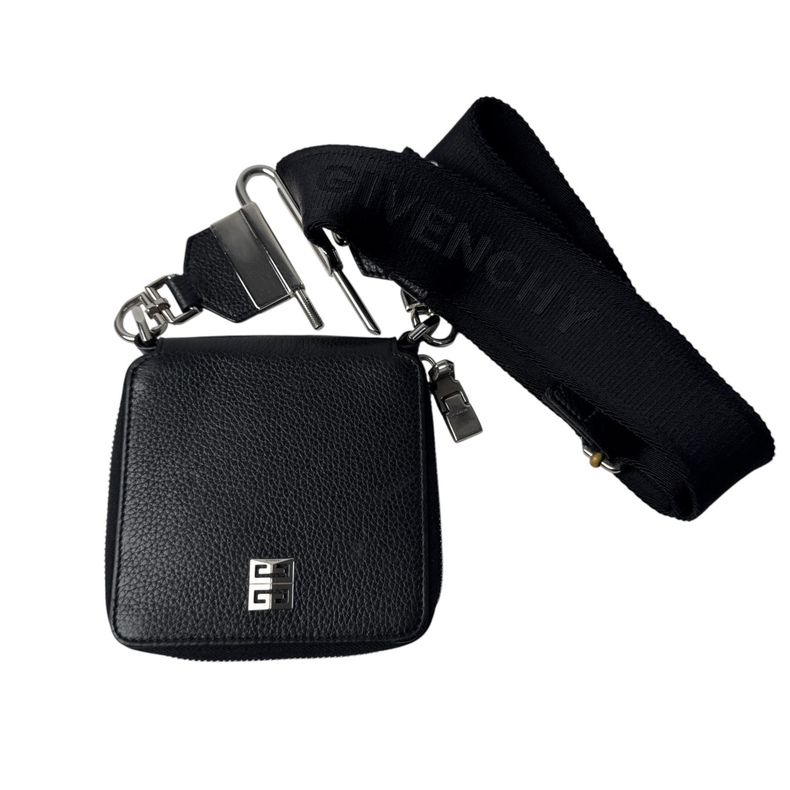 ジバンシィ Givenchy 4Gロゴ グレインレザー ショルダーストラップ付ウォレット 黒  斜めがけ クロスボディ メンズ