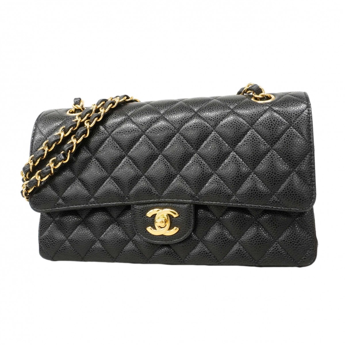 【6dd4577】シャネル ショルダーバッグ マトラッセ Wフラップ Wチェーン キャビアスキン ブラック ゴールド金具【中古】レディース