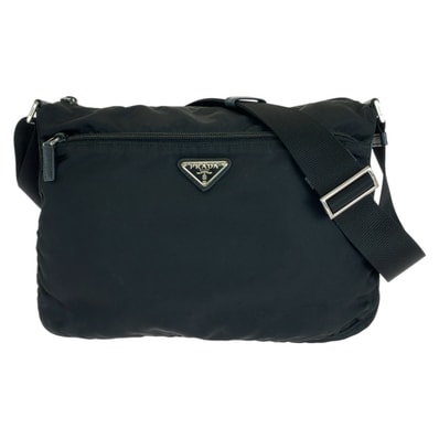 PRADA プラダ テスート サフィアーノ 三角ロゴプレート ブラック 黒 シルバー金具 ナイロン レザー/ ショルダーバッグ メッセンジャーバッグ 604607 【中古】