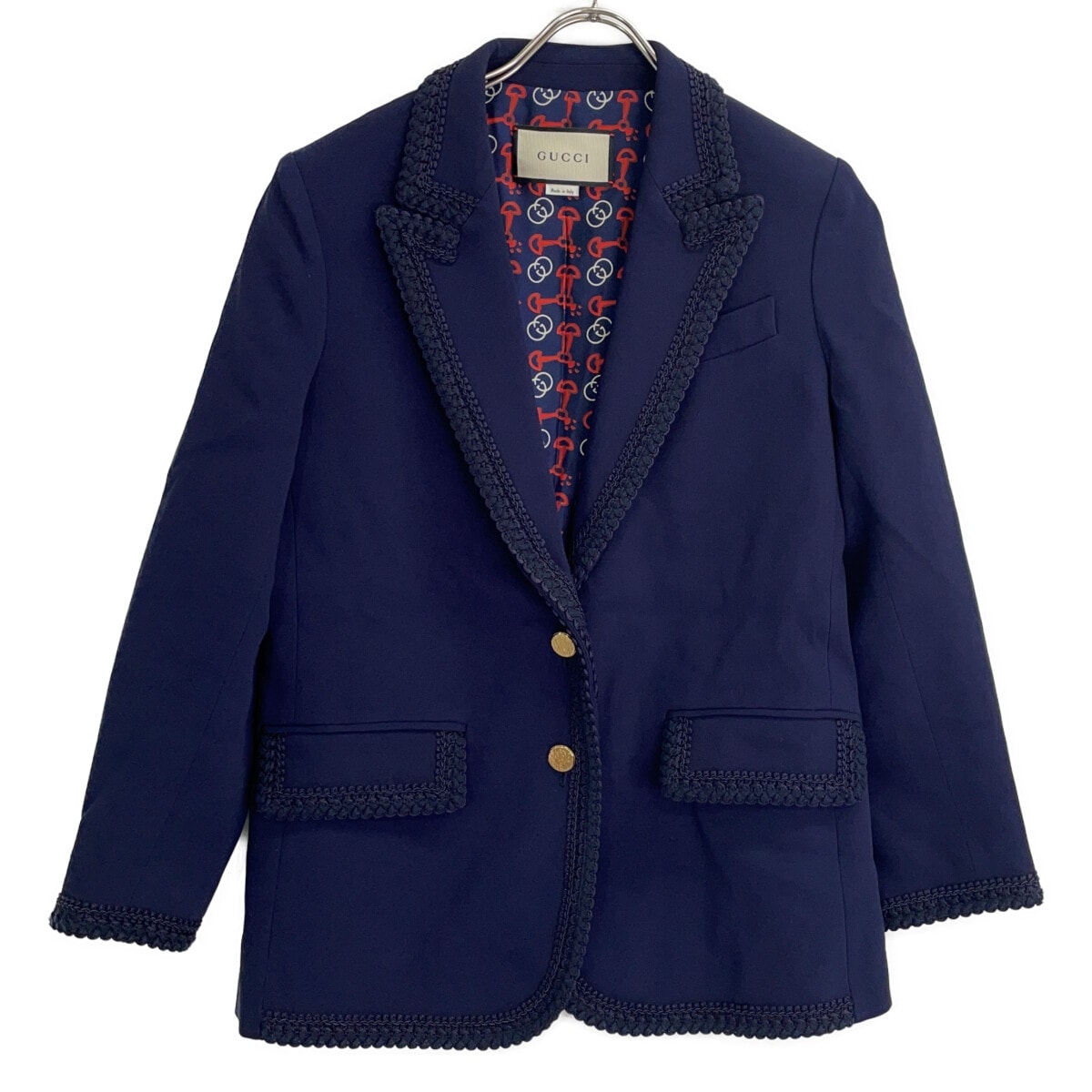 グッチ 610946 ZKR01 ネイビー レーヨン混 GGライニング 金釦テーラードジャケット 38