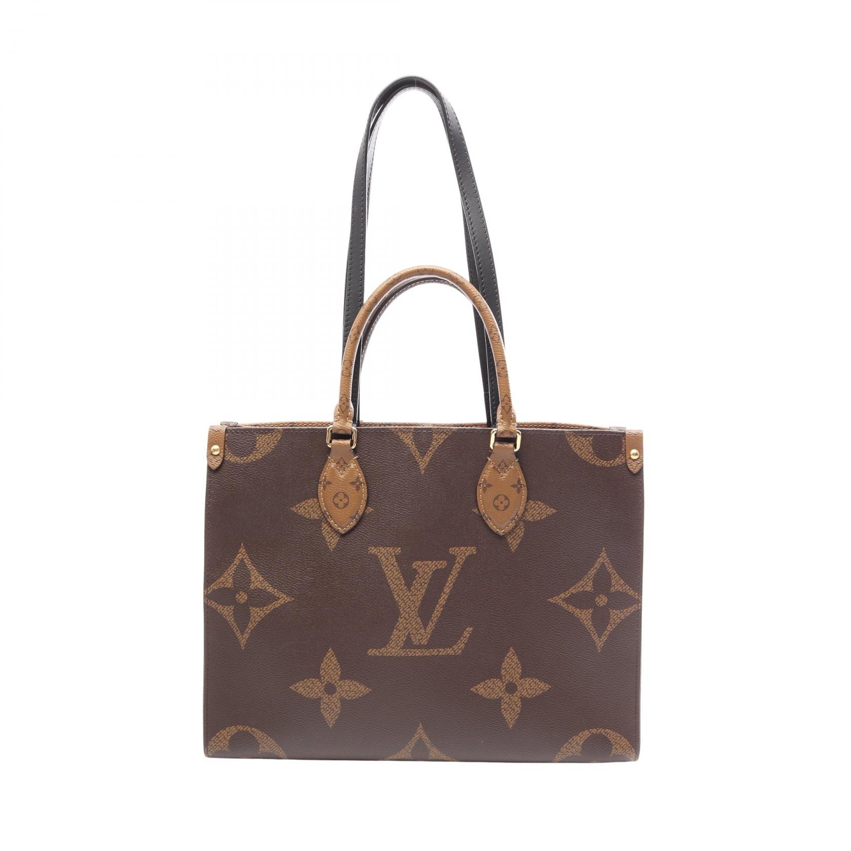 ルイ・ヴィトン LOUIS VUITTON オンザゴーMM モノグラムジャイアント リバース トートバッグ バッグ PVCコーティングキャンバス レザー ベージュ レディース ブラウン系 / ベージュ系 M45321 【中古】