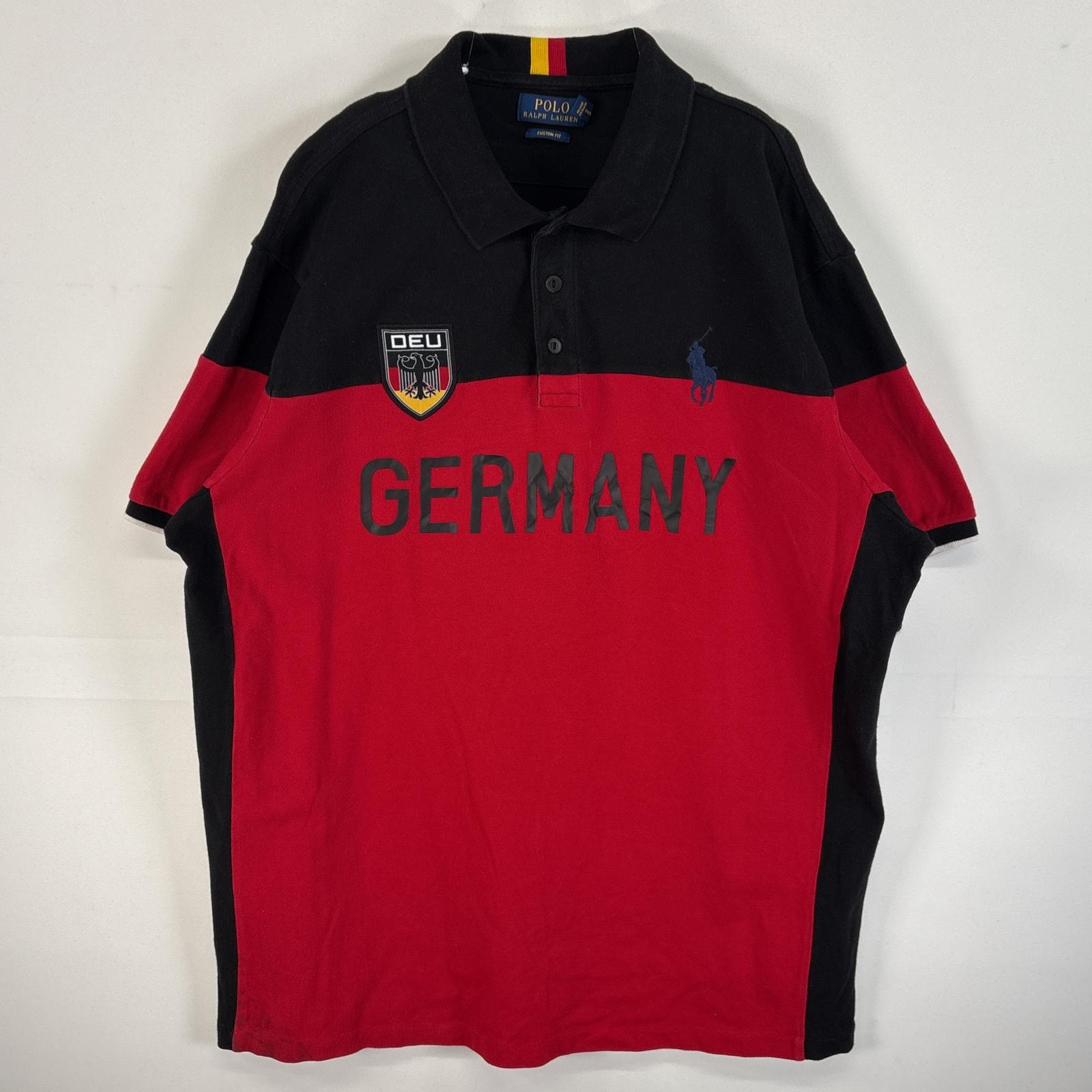 古着 ラルフローレン RALPH LAUREN 鹿の子 半袖 ラガーシャツ ラバーボタン ドイツ ロゴ 刺繍 14041  レッド系 ツートン メンズ