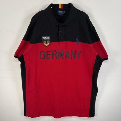 古着 ラルフローレン RALPH LAUREN 鹿の子 半袖 ラガーシャツ ラバーボタン ドイツ ロゴ 刺繍 14041 レッド系 ツートン メンズ