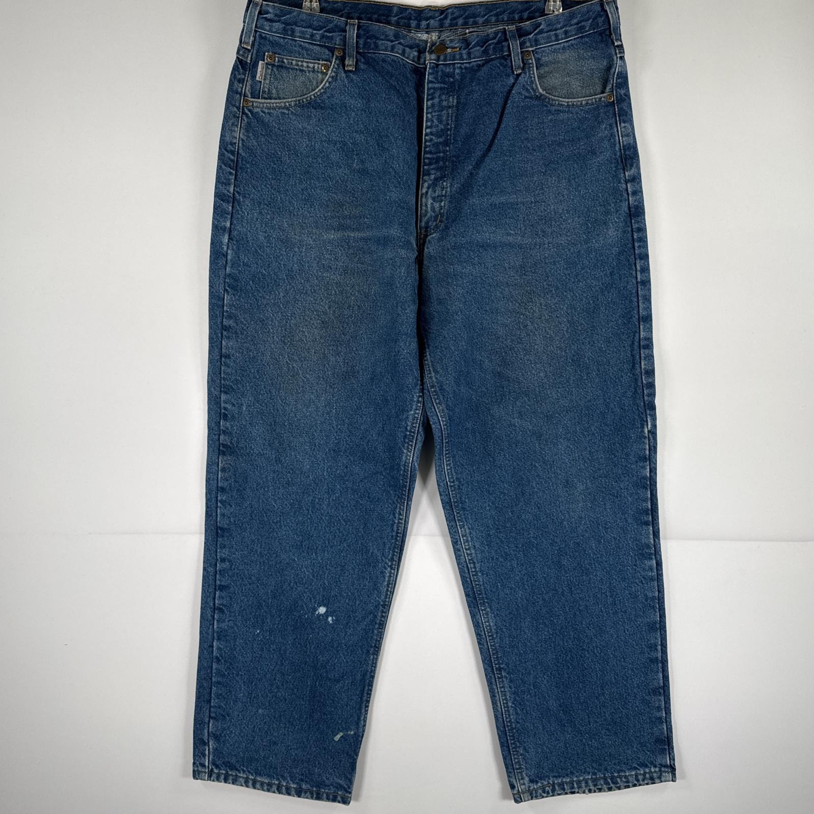 古着 カーハート Carhartt デニムパンツ ジーパン 5ポケット ワンポイント ロゴ ワークパンツ テーパード 大きいサイズ w42 L30  ブルー メンズ