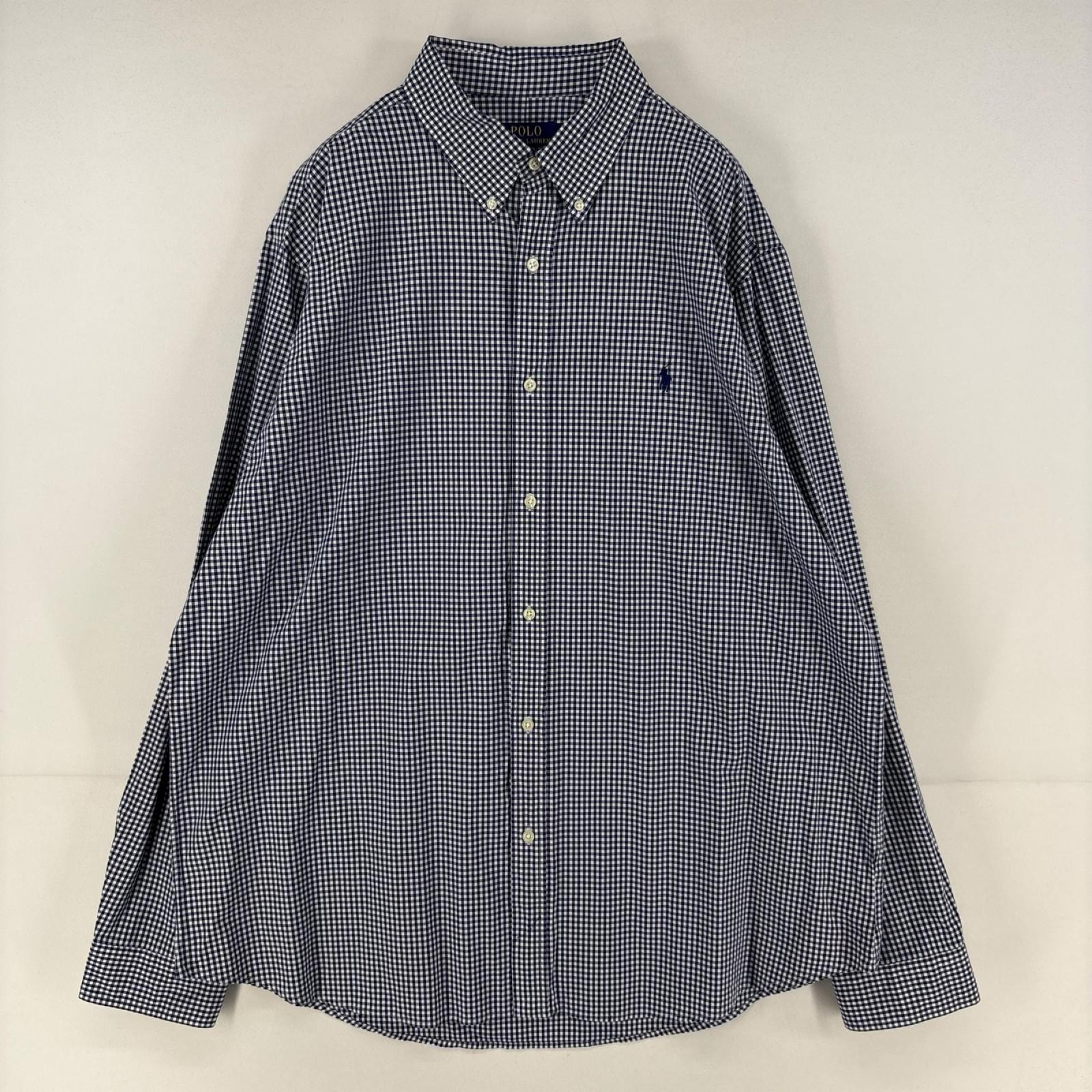古着 ポロ・ラルフローレン POLO RALPH LAUREN 長袖シャツ ストレッチ ロゴ 刺繍 大きいサイズ 2XL ネイビー系 チェック メンズ