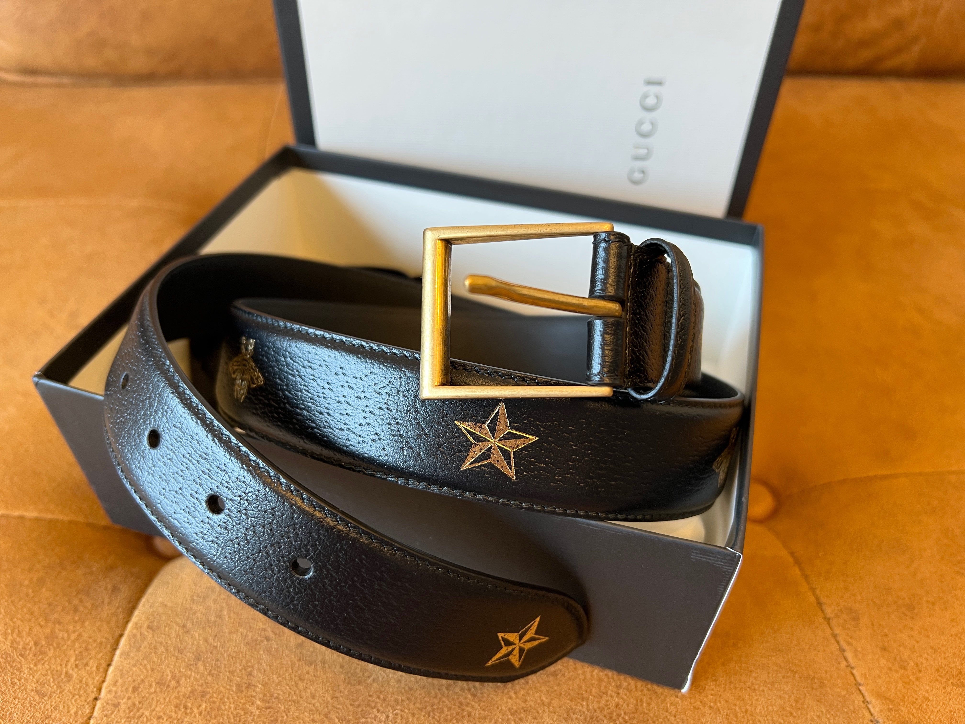 グッチ GUCCI ビー&スター プリント ベルト レザー ブラック メンズ