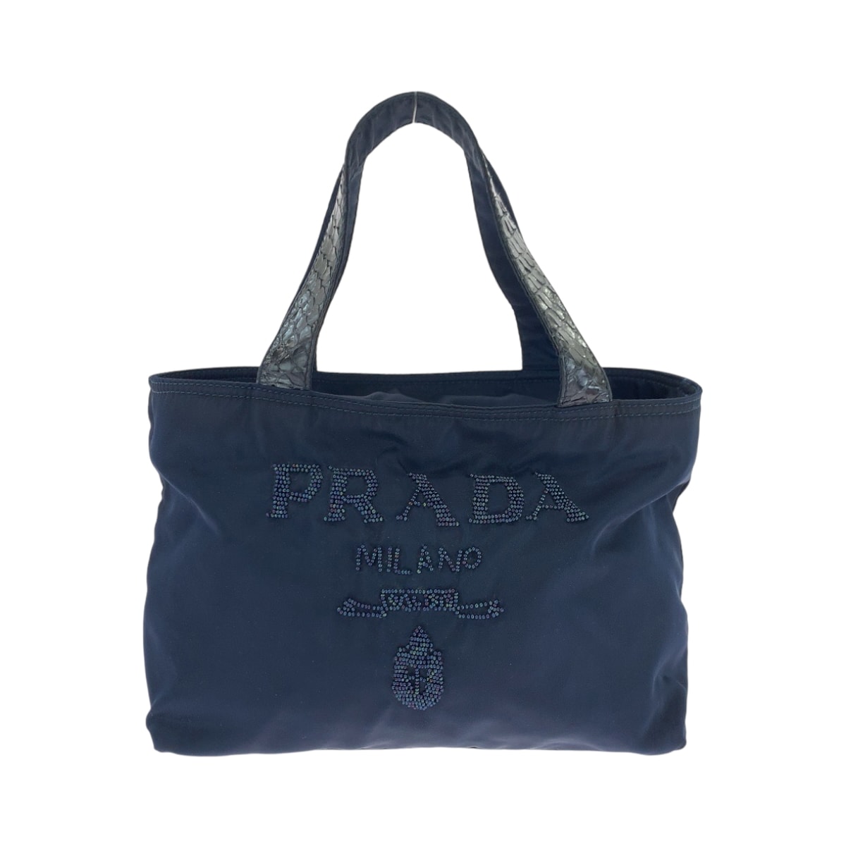 美品 PRADA プラダ テスート ビーズ ネイビー ゴールド金具 ナイロン パイソン/ ハンドバッグ トートバッグ 502634 【中古】