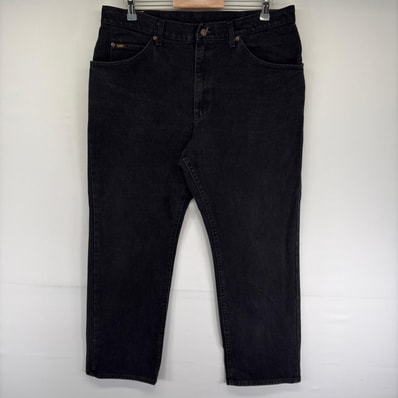 古着 リー Lee デニム パンツ レザーパッチ ジッパーフライ ジーンズ ジーパン ブラックデニム 5ポケット w38 L30 ブラック系 メンズ