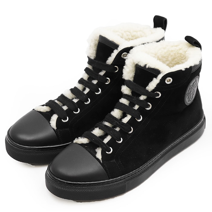 【極美品】HERMES エルメス スニーカー JIMMY ジミー サイズ 37.5 レディース  ロゴ パッチ ヌバックレザー/ムートンボア ハイカット シューズ 靴 ブラック 黒 イタリア製