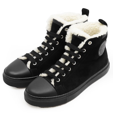 【極美品】HERMES エルメス スニーカー JIMMY ジミー サイズ 37.5 レディース ロゴ パッチ ヌバックレザー/ムートンボア ハイカット シューズ 靴 ブラック 黒 イタリア製