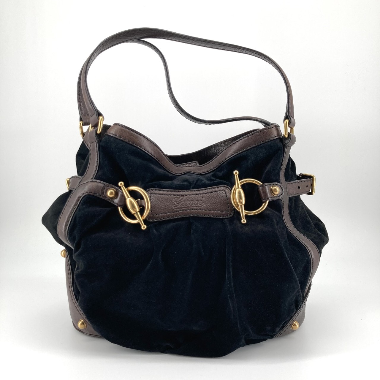 GUCCI(グッチ) ジョッキー ホーボー スエード×レザー ゴールド金具 203546 トートバッグ ブラック×ブラウン
