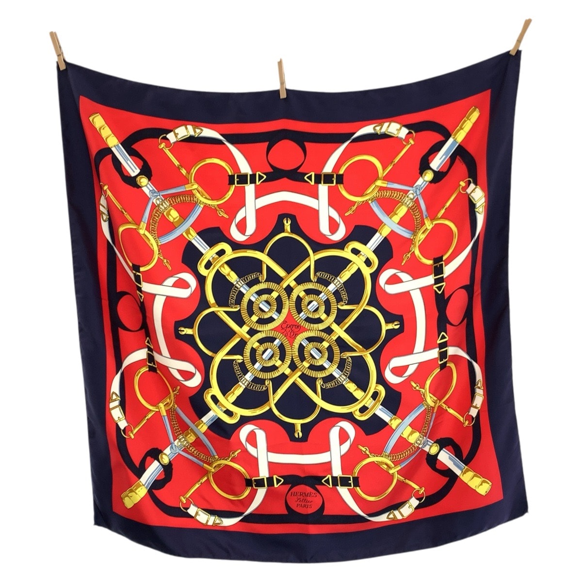 美品 HERMES エルメス 黄金の拍車 カレ90 レッド ネイビー シルク スカーフ 602699 【中古】