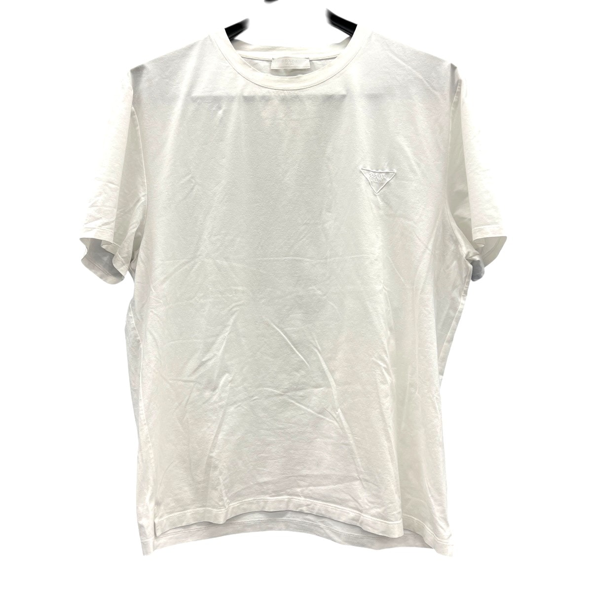 PRADA 現行品 プラダ ホワイト ストレッチコットン Tシャツ 半袖 2023年 UJN712 ホワイト #XL カットソー トライアングルロゴ 刺繍 三角タグ メンズ Bランク 中古 鑑定済 プラダTシャツ【定価 140,800円】