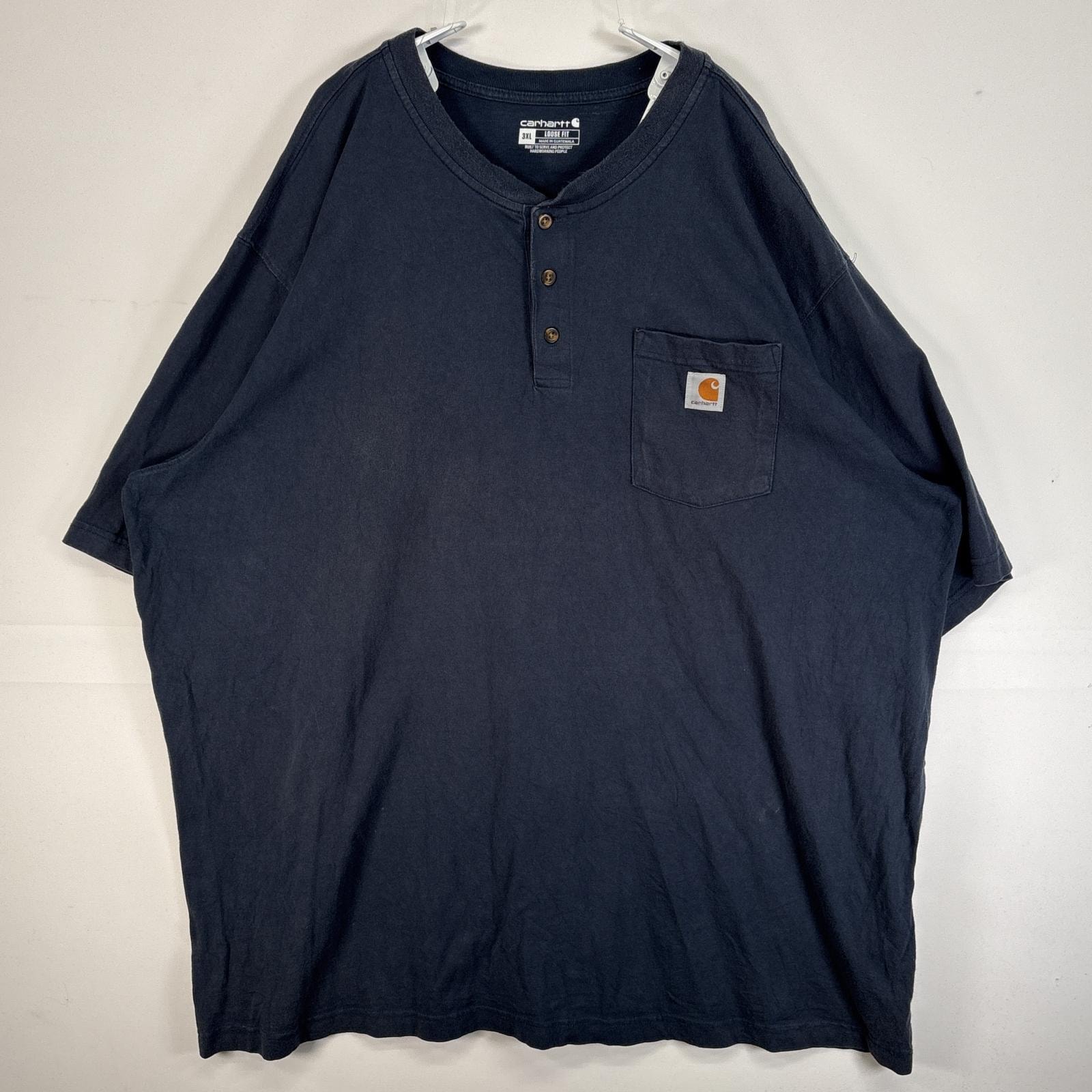 古着 カーハート Carhartt 半袖Tシャツ ヘンリーネック 大きいサイズ 肉厚 フェード ワンポイント ロゴ 胸ポケ 3XL ネイビー 無地 メンズ