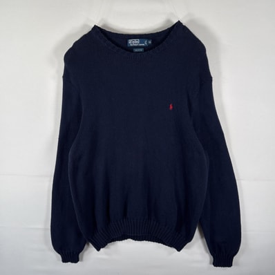 古着 ポロバイラルフローレン Polo by Ralph Lauren ニット コットンセーター ワンポイントロゴ刺繍 クルーネック 大きいサイズ 14041 ネイビー メンズ
