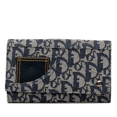 ディオール トロッター 長財布 ネイビー ホワイト キャンバス レザー レディース Dior 【中古】