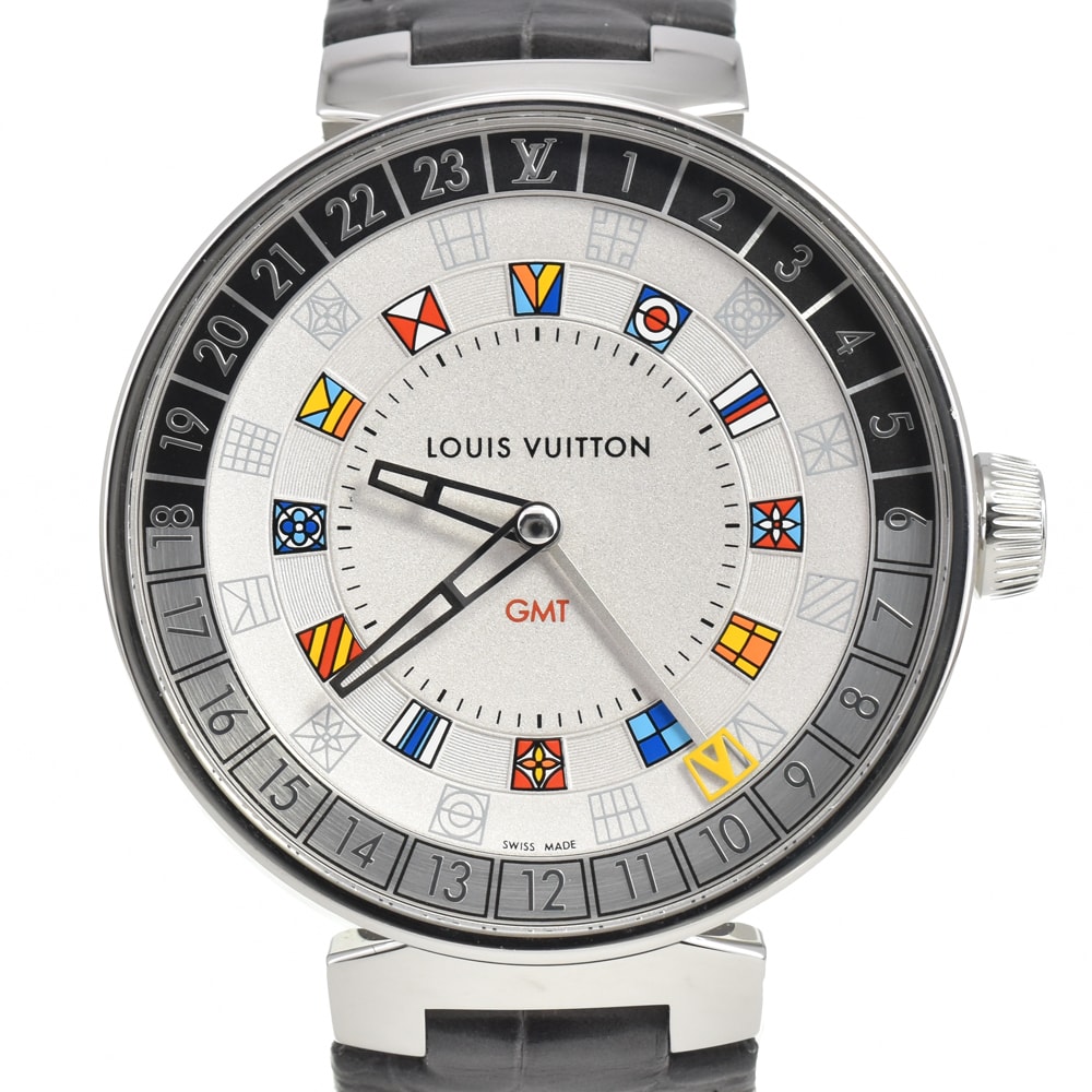 値下 ルイ・ヴィトン LOUIS VUITTON QA096 タンブール ムーン デュアルタイム GMT クォーツ メンズ 美品 箱・保証書付き Q#146515