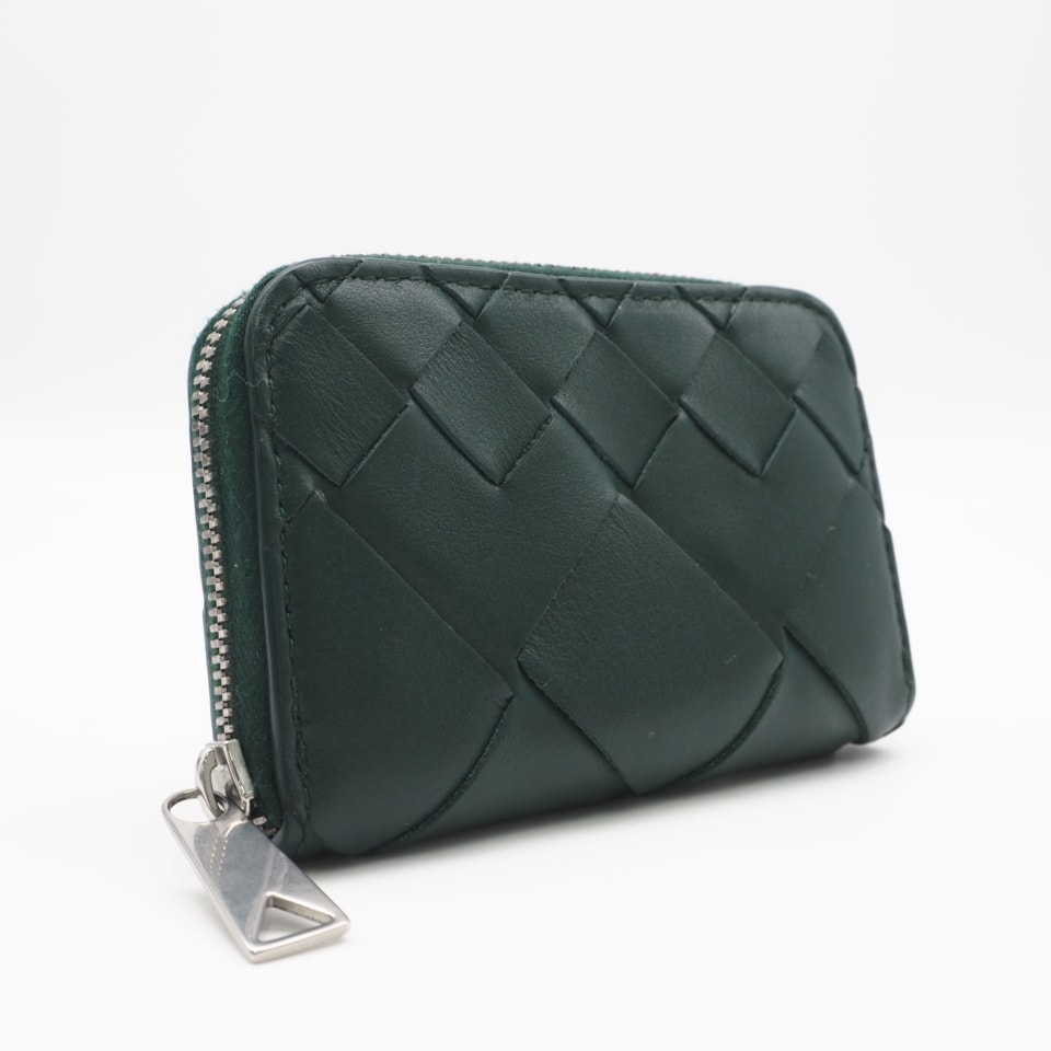 美品 BOTTEGAVENETA ボッテガヴェネタ イントレチャート ファスナー付きコインパース 620348 コインケース グリーン カーフレザー メンズ