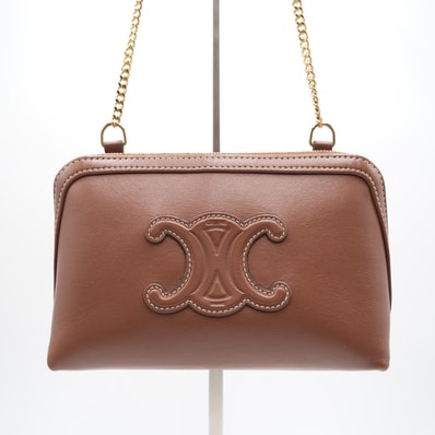 CELINE(セリーヌ)トリオンフ チェーンクラッチ ショルダーバッグ ブラウン スムースカーフスキン ゴールド金具 レディース【中古】