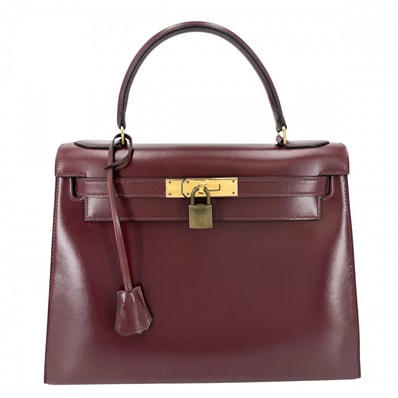 HERMES エルメス ハンドバッグ ケリー28 外縫い ○H刻印 ボックスカーフ ボルドー ゴールド金具 レディース 1978年【中古品】