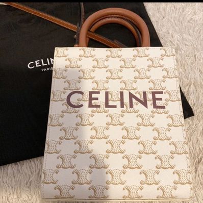 CELINE Mini Vertical Cabas In Triomphe Canvas and Calfskin With Celine Print "White"