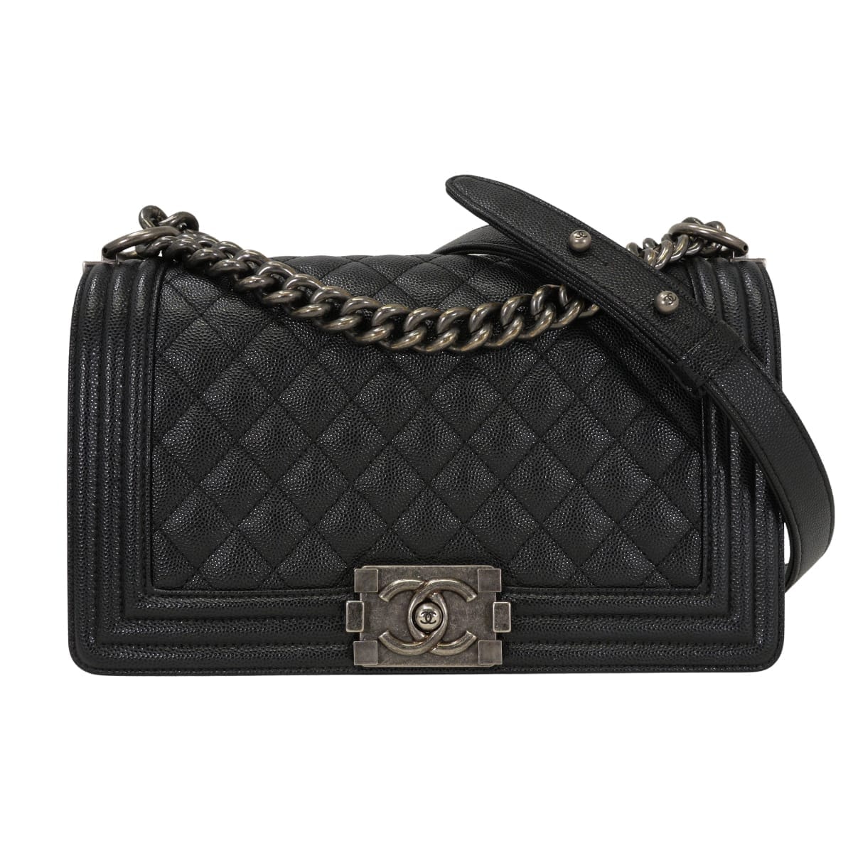 【渋谷並木橋店】CHANEL シャネル ショルダーバッグ ボーイシャネル 25 マトラッセ チェーン 黒 (ブラック) グレインドカーフ(キャビアスキン) アンティーク マット シルバー金具 A67086 SAランク【中古】