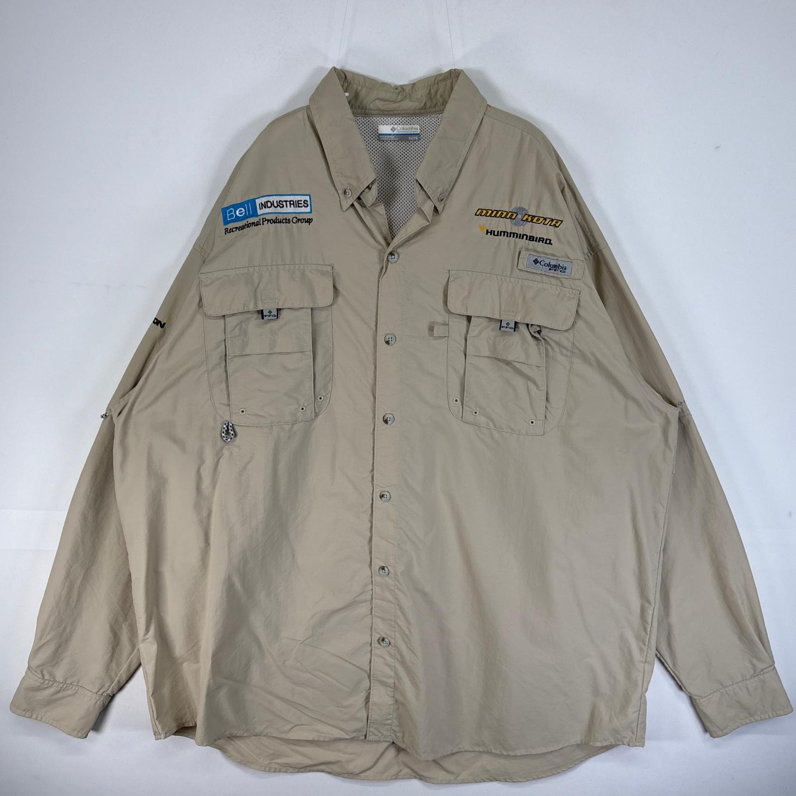 古着 コロンビア Columbia 長袖シャツ 大きいサイズ PFG フィッシングギア ワンポイント ロゴ XL  ベージュ 無地 メンズ